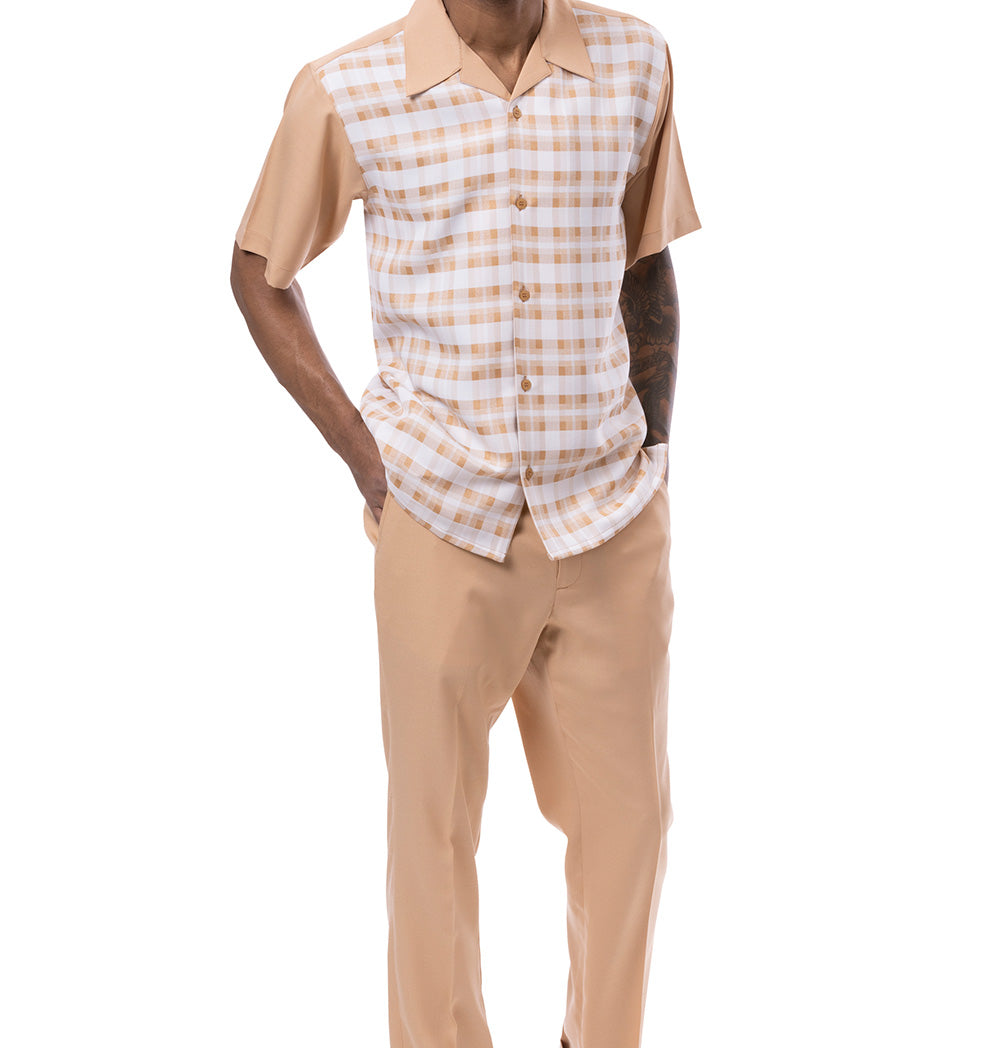 Close-up of the checkered short sleeve on the Tan Shadow Plaid Design Walking Suit 2 Piece Short Sleeve Set, showing buttons.
