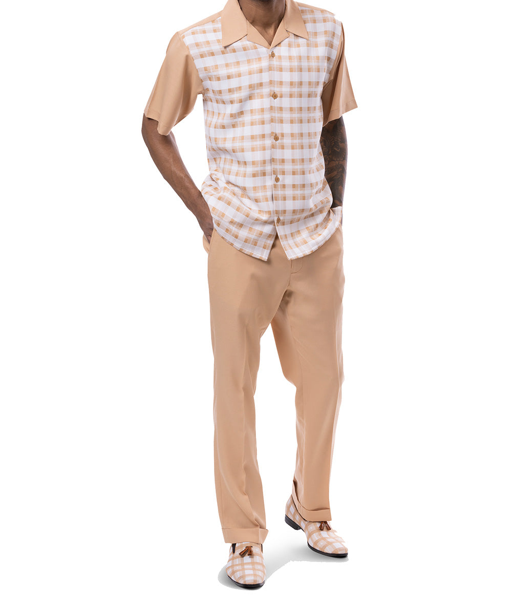 Close-up of the Tan Shadow Plaid Design Walking Suit 2 Piece Short Sleeve Set, showing the short sleeve, button, and pocket.