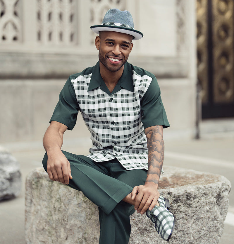 Montique checkered Emerald Shadow Plaid Design Walking Suit 2 Piece Short Sleeve Set hat.