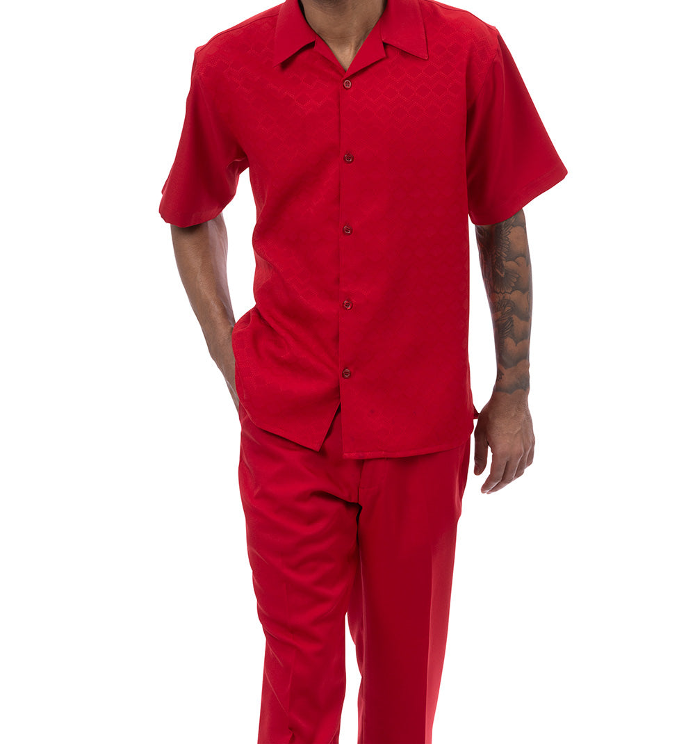 Sophisticated Montique red tone-on-tone walking suit for men. Classic regular fit, short sleeve. Affordable big & tall deal.