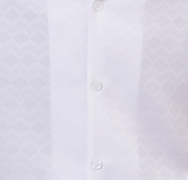Solid White Tone-on-tone Walking Suit 2 Piece Short Sleeve Set top, showing collar, buttons, short sleeve.