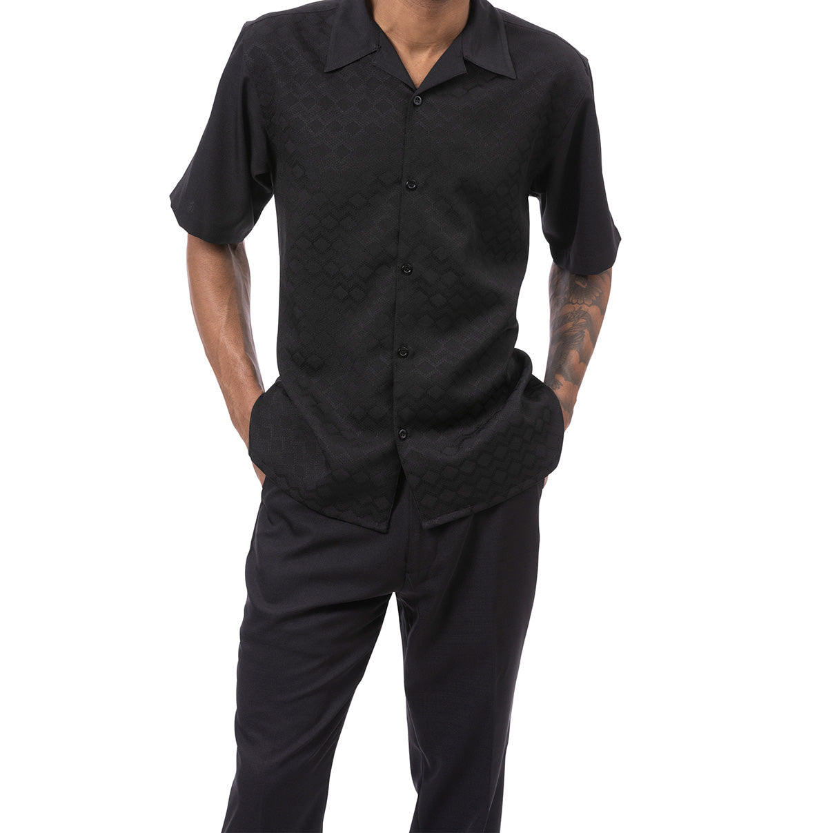 Close-up of the solid Black Tone-on-tone Walking Suit short sleeve, showing collar and buttons.