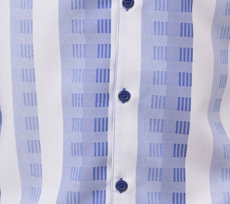Pinstripe Royal Color Striped Walking Suit 2 Piece Short Sleeve Set dress shirt showing collar, buttons, and short sleeves.