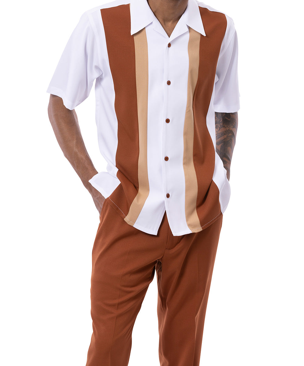 Cognac/Tan Vertical Color Block Walking Suit 2 Piece Short Sleeve Set