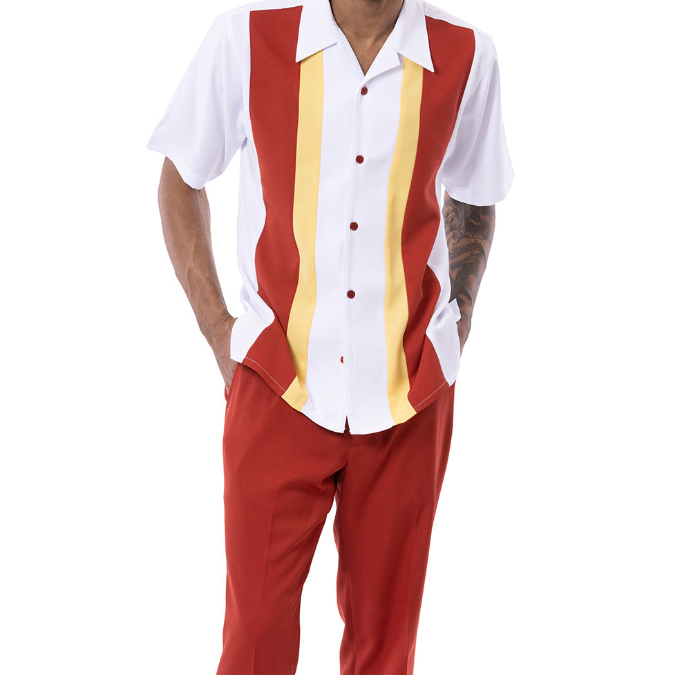 Crimson/Canary Vertical Color Block Walking Suit 2 Piece Short Sleeve Set