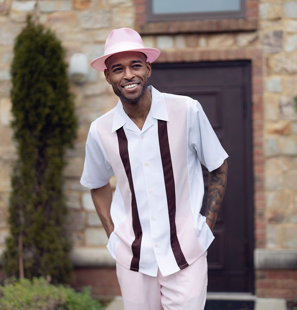 Pink/Brown Vertical Color Block Walking Suit 2 Piece Short Sleeve Set