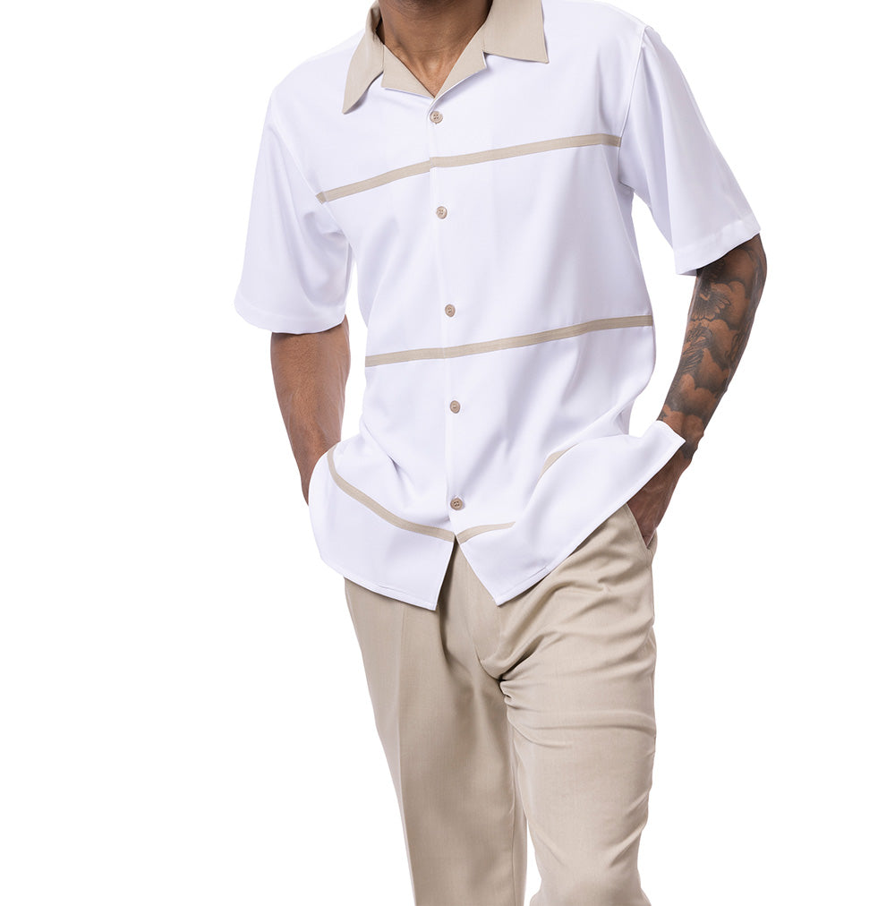 Close-up of solid Khaki Horizontal Line Walking Suit 2 Piece Short Sleeve Set's sleeve, showing button & pocket.