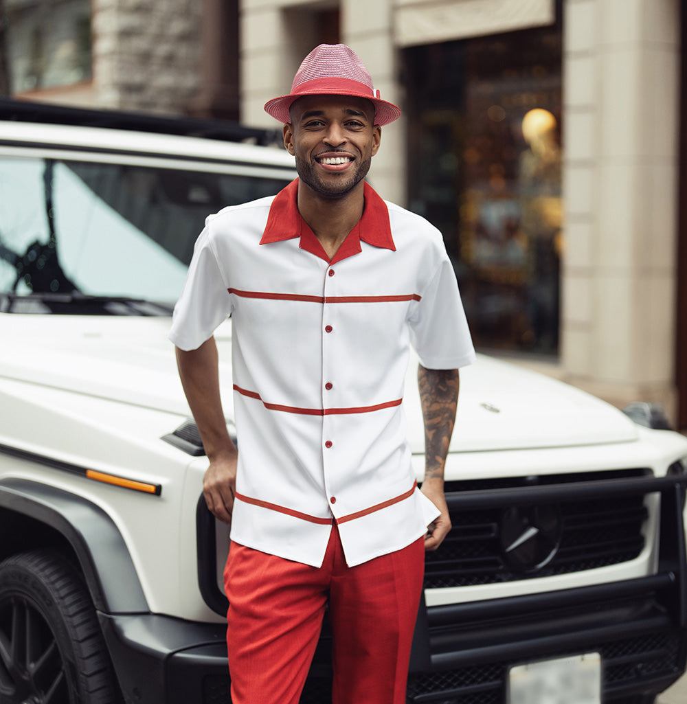 Montique Crimson Horizontal Line Walking Suit 2 Piece Short Sleeve Set shirt, featuring collar and a hat.