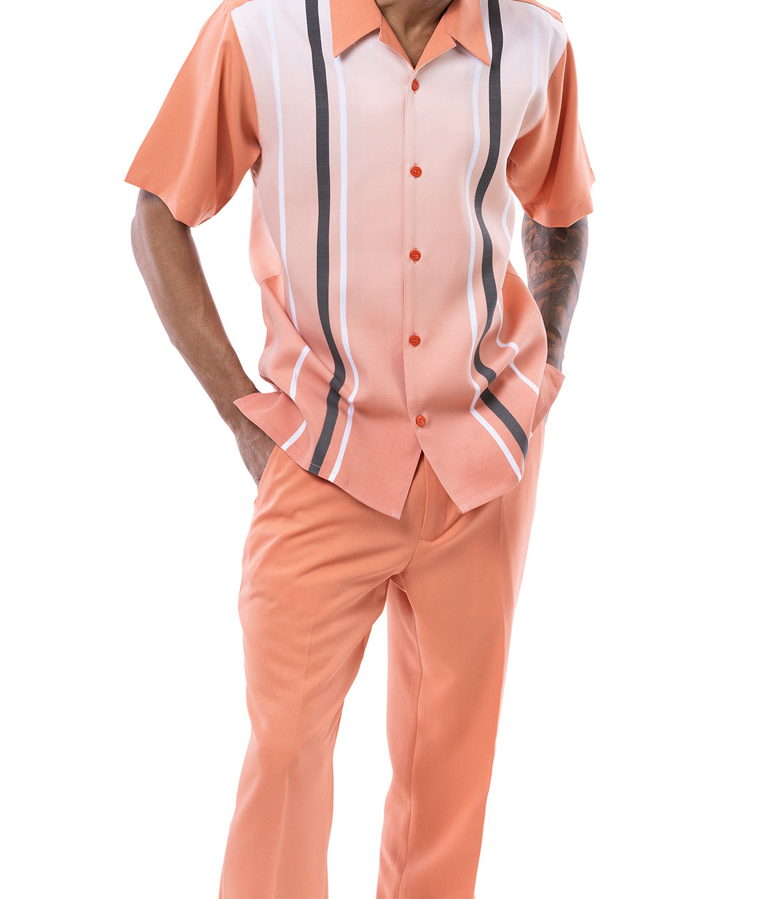 Apricot Gradient Color with Stripes Walking Suit shirt, pinstripe, with collar, buttons, pocket on white background.
