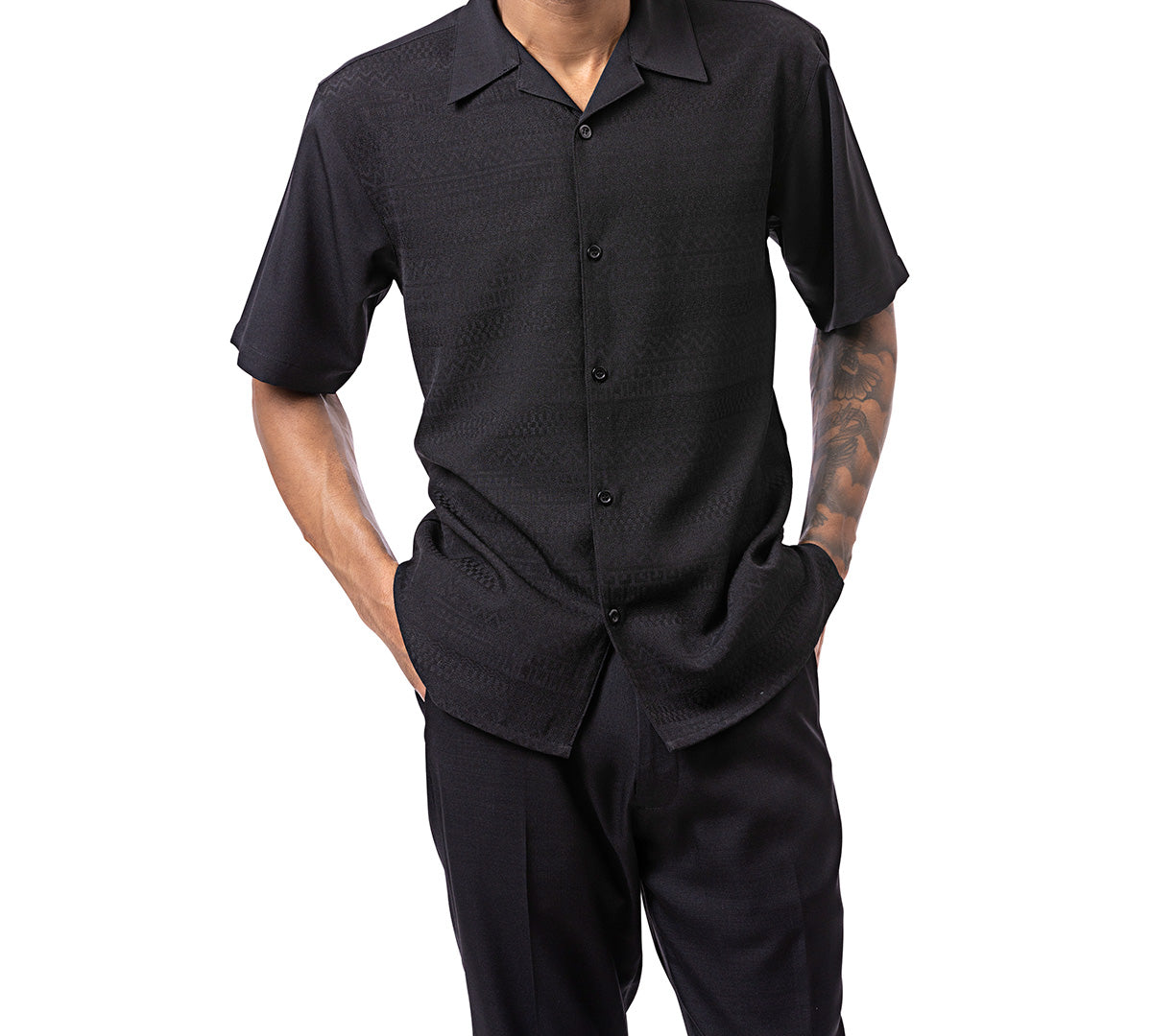 Close-up of solid Black Tone on Tone Walking Suit short sleeve, collar, button, and pocket details on white background.