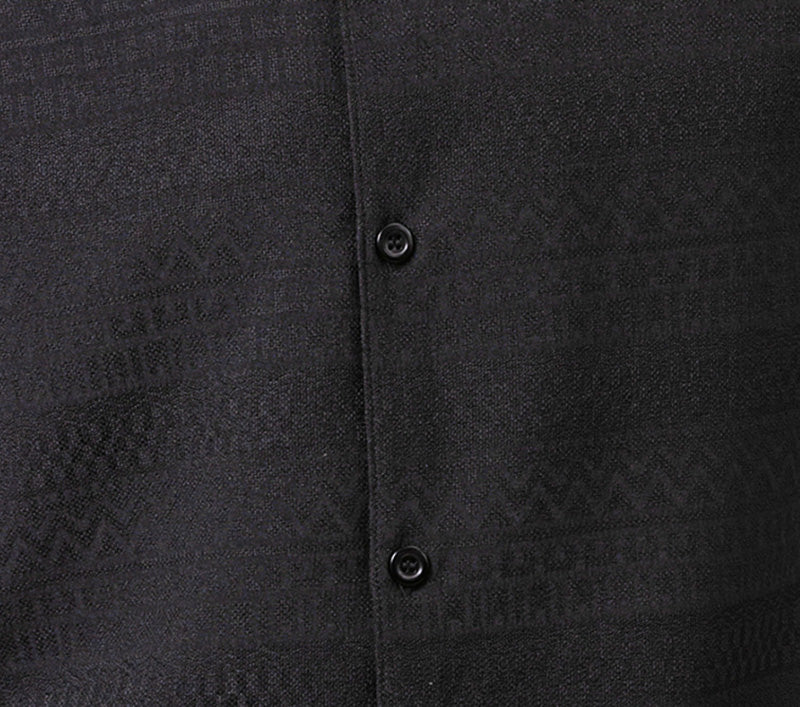Close-up of a solid Black Tone on Tone Detailed Design Walking Suit 2 Piece Short Sleeve Set, showing buttons and collar.