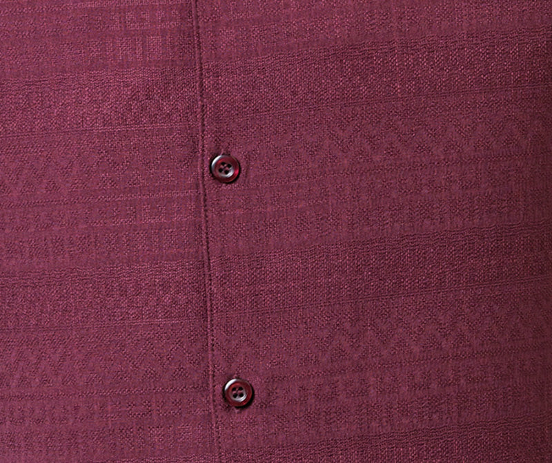 Close-up of solid wine fabric from Wine Tone on Tone Detailed Design Walking Suit, showing button.