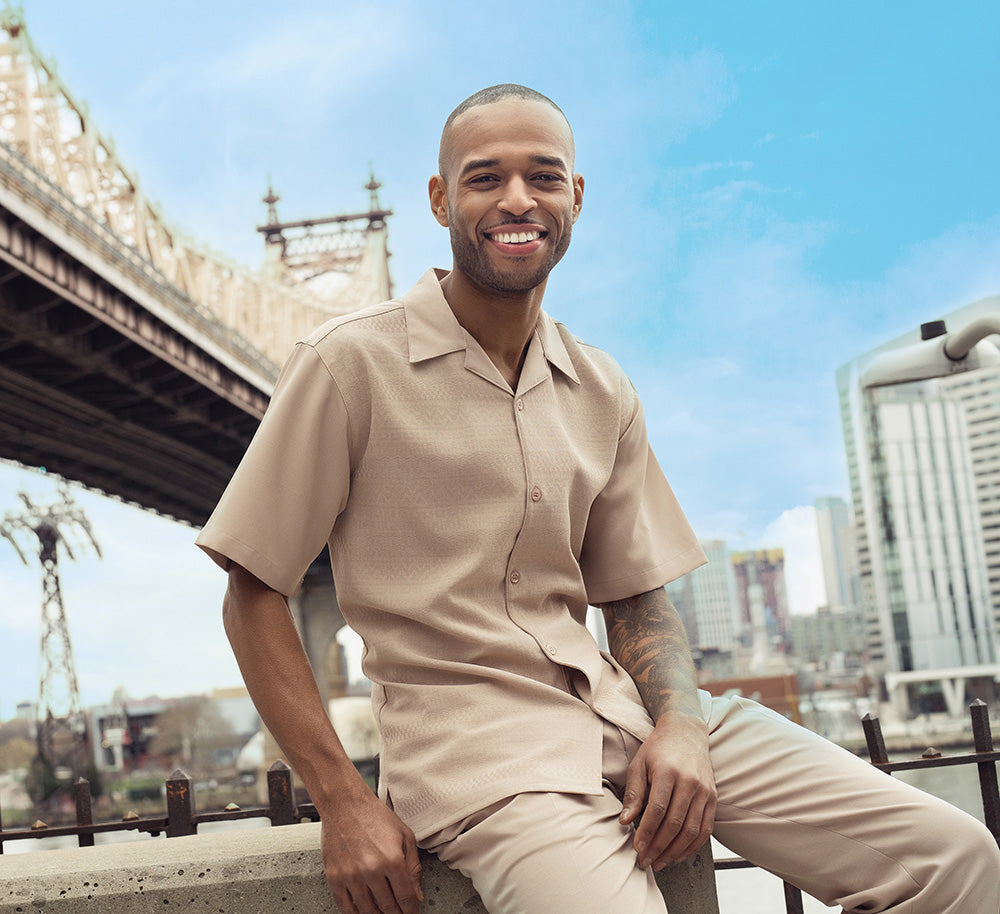 Close-up of the Beige Tone on Tone Detailed Design Walking Suit short sleeve, showing buttons and collar detail.