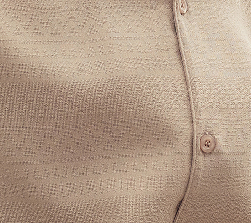 Close-up of the solid Beige Tone on Tone Detailed Design Walking Suit short sleeve top, showing buttons and collar.