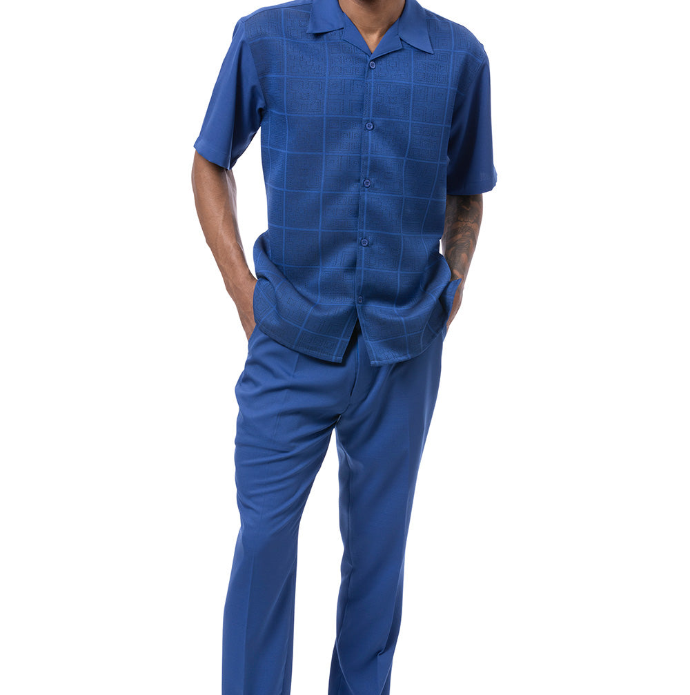 Close-up of the checkered Cobalt Tone-on-tone Windowpane Walking Suit short sleeve, showing buttons and pocket on white.