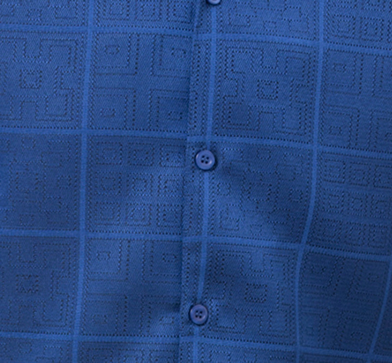 Close-up of the checkered collar and buttons on the Cobalt Tone-on-tone Windowpane Walking Suit 2 Piece Short Sleeve Set.