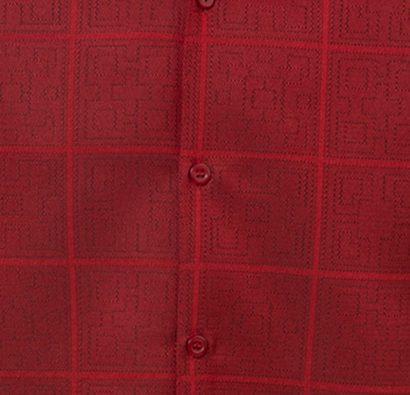 Close-up of the checkered Red Tone-on-tone Windowpane Walking Suit 2 Piece Short Sleeve Set collar, showing buttons.
