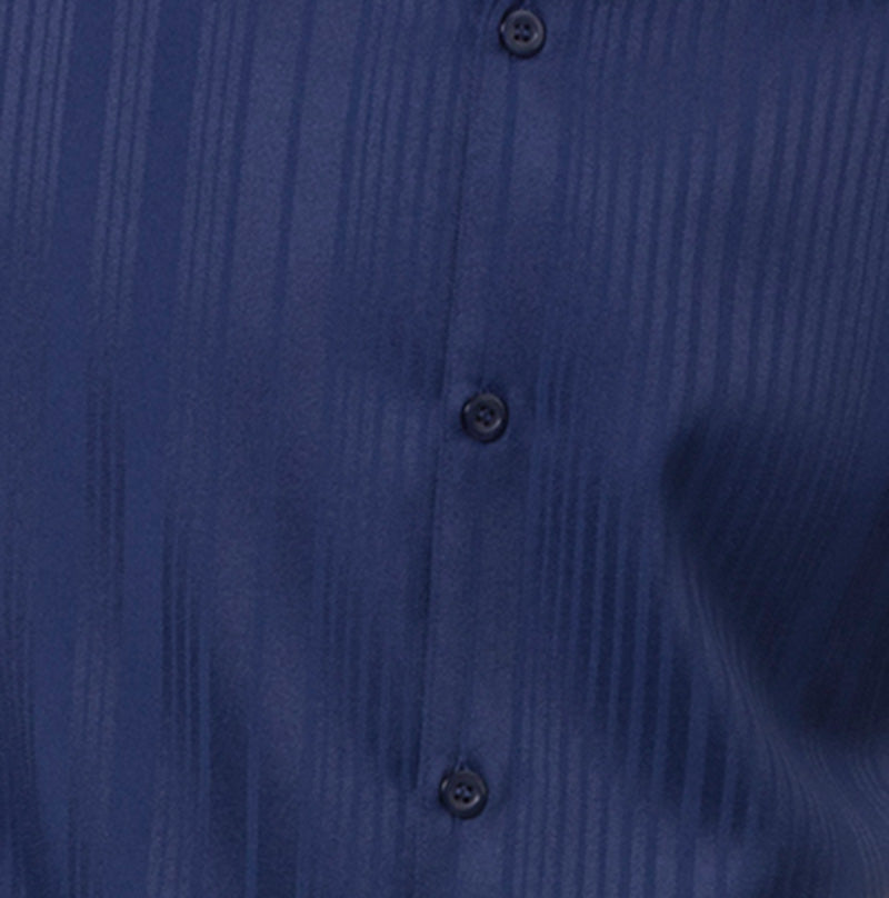 Navy Tone-on-tone Vertical Striped Walking Suit short sleeve top, showing pinstripe, collar, buttons.