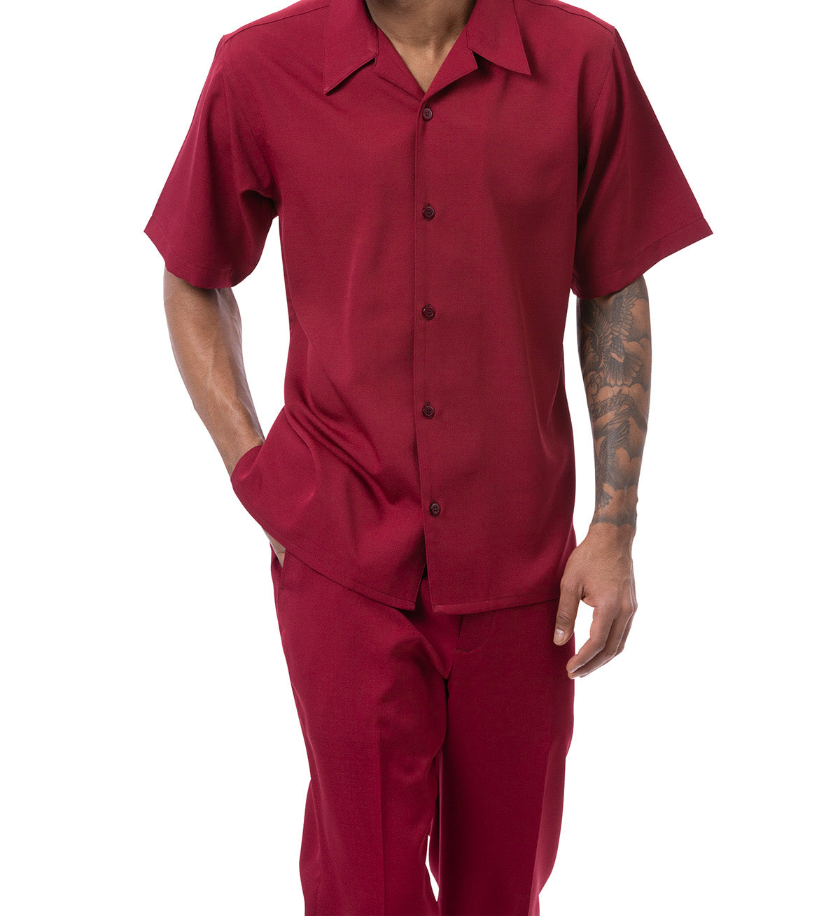 Close-up of solid burgundy short sleeve from the Montique Walking Suit, showing collar and buttons.