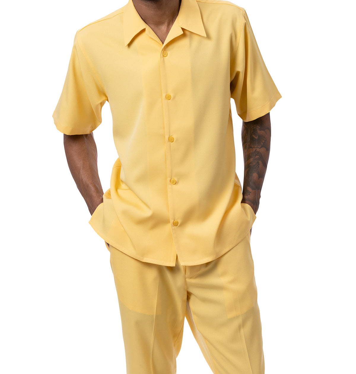 Close-up of the solid canary short sleeve top of the Montique Walking Suit, showing collar and buttons.