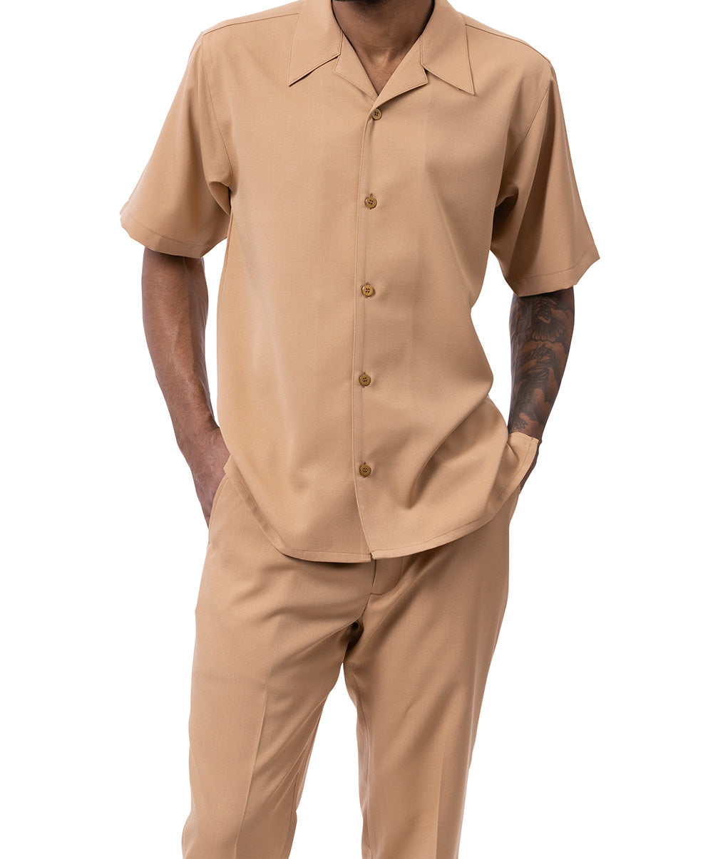 Close-up of the Montique solid tan short sleeve walking suit, showing the collar and buttons on a white background.