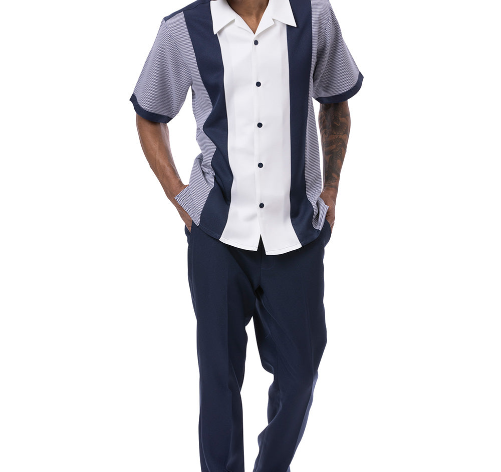 Solid navy short sleeve close-up from a Montique Walking Suit, with visible buttons, collar, and pocket detail.