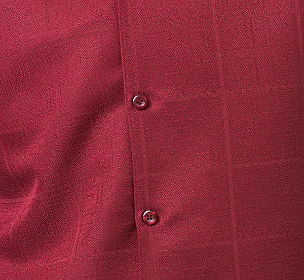 Close-up of the Burgundy Tone-on-tone Windowpane Walking Suit 2 Piece Short Sleeve Set collar, buttons, sleeve, and pocket.