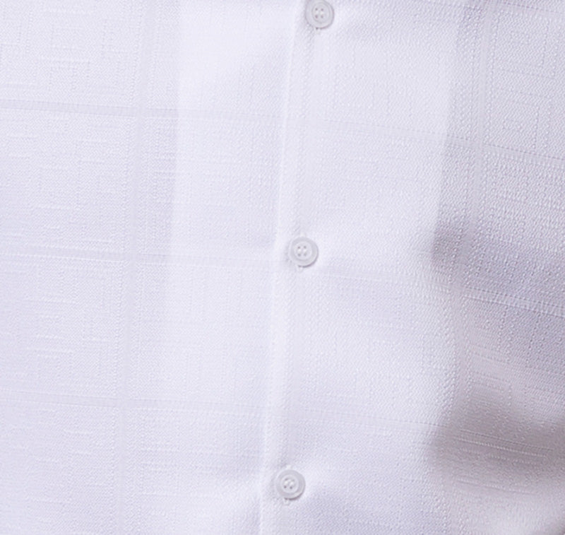 White Tone-on-tone Windowpane Walking Suit 2 Piece Short Sleeve Set dress shirt with collar, buttons, and short sleeves.