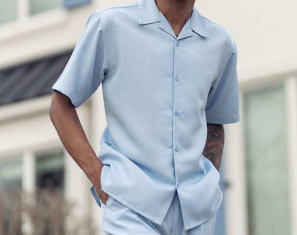 Close-up of the checkered short sleeve of the Montique Carolina Tone-on-tone Windowpane Walking Suit 2 Piece Short Sleeve