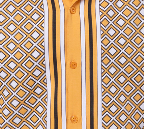 Gold Mini Windowpane Walking Suit 2 Piece Short Sleeve Set top, showing collar, buttons, short sleeves, and pocket.