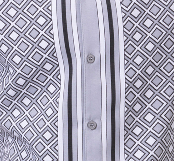 Gray Mini Windowpane Walking Suit 2 Piece Short Sleeve Set dress shirt, checkered, with tie, collar, button, sleeve.