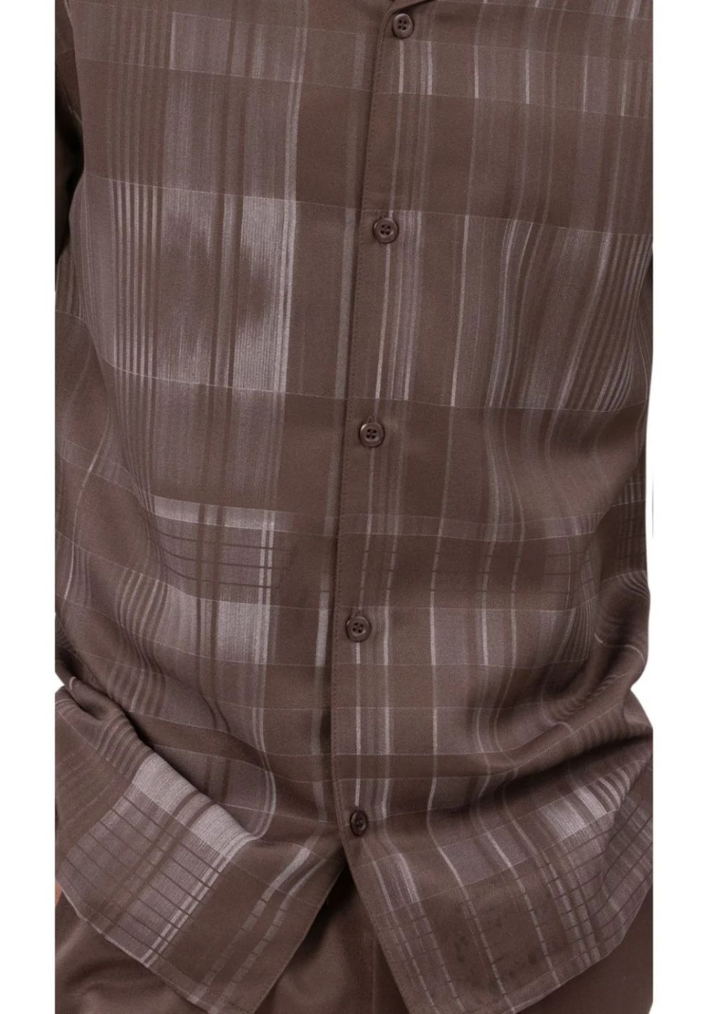 Montique Brown Grid Pattern Long Sleeve Walking Suit shirt, checkered, showing collar, front buttons, and sleeves.