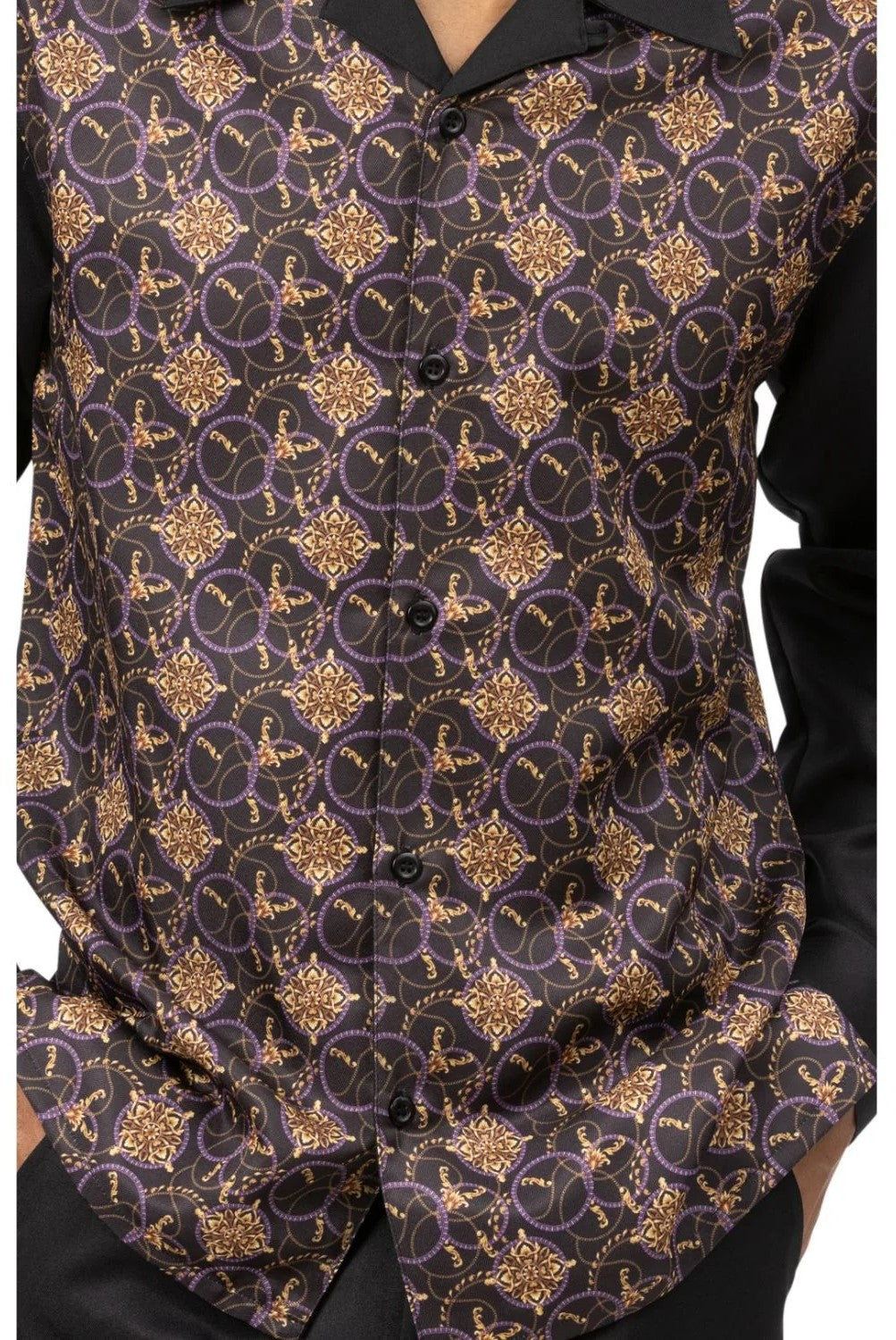 Montique Black Print Design Long Sleeve Walking Suit dress shirt with paisley pattern, showing collar, buttons, and sleeves.