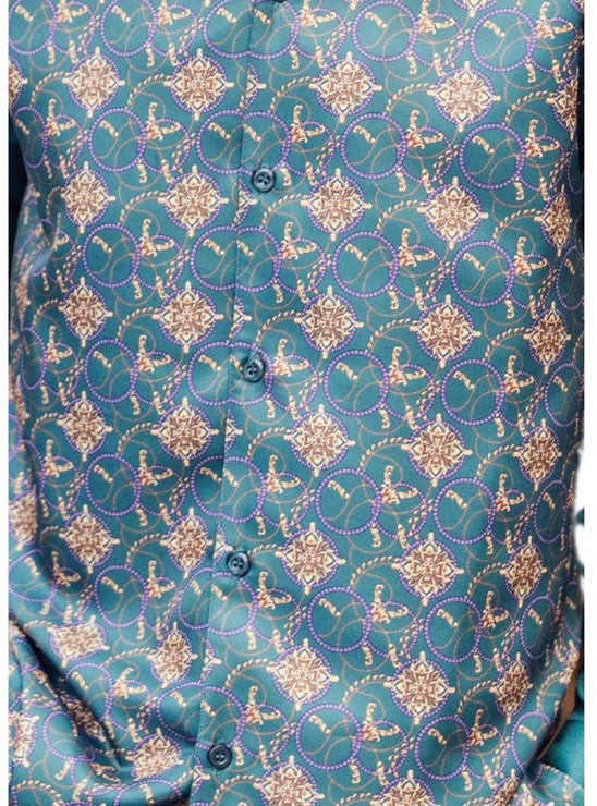 Solid Emerald Print Design Long Sleeve Walking Suit shirt, showing collar and front buttons.