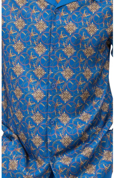 Blue Print Design Long Sleeve Walking Suit dress shirt with paisley pattern, showing collar, buttons, and sleeves.