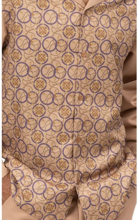 Close-up of a paisley button on the Camel Print Design Long Sleeve Walking Suit, showing the collar and sleeve.