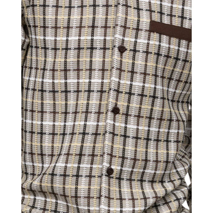 A luxurious Montique brown mini plaid walking suit, featuring long sleeves and elegant button details.