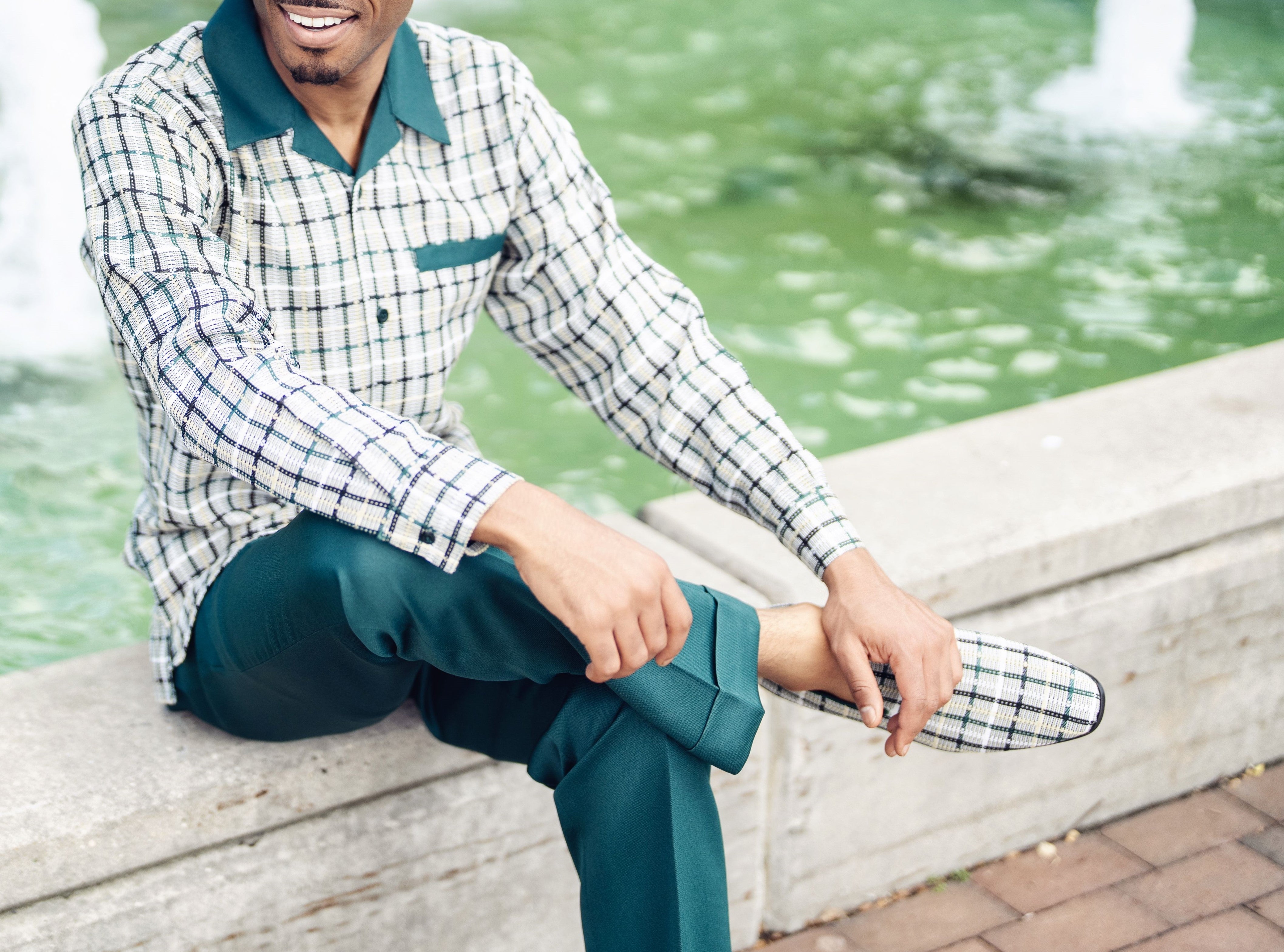 Emerald Red Mini Plaid Pattern Long Sleeve Walking Suit