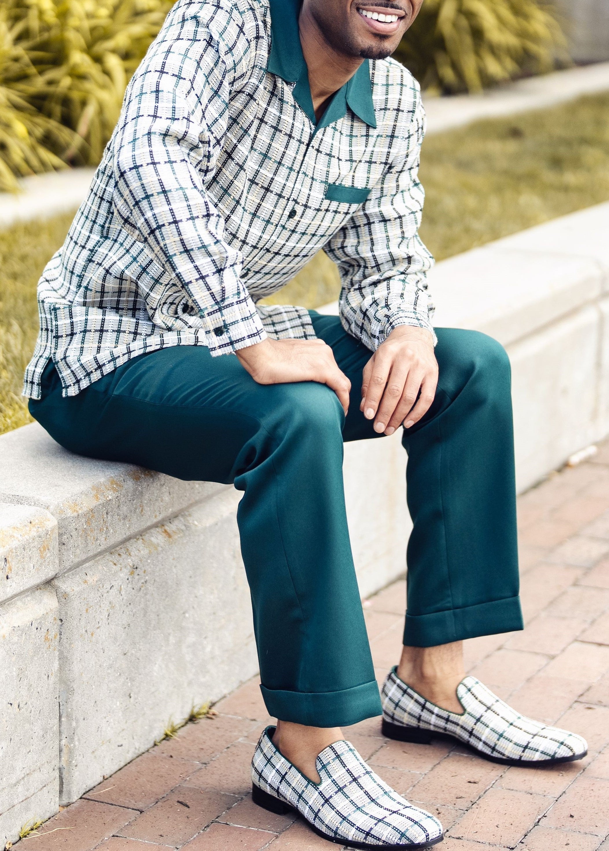 Sophisticated Montique men's long-sleeve walking suit in an elegant emerald red mini plaid pattern.