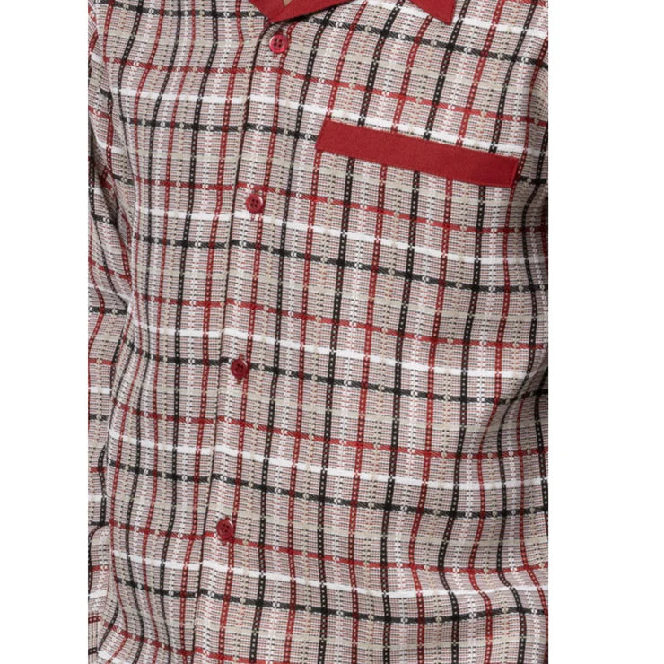 Montique's luxurious brick red mini plaid long sleeve walking suit, showcasing timeless elegance.