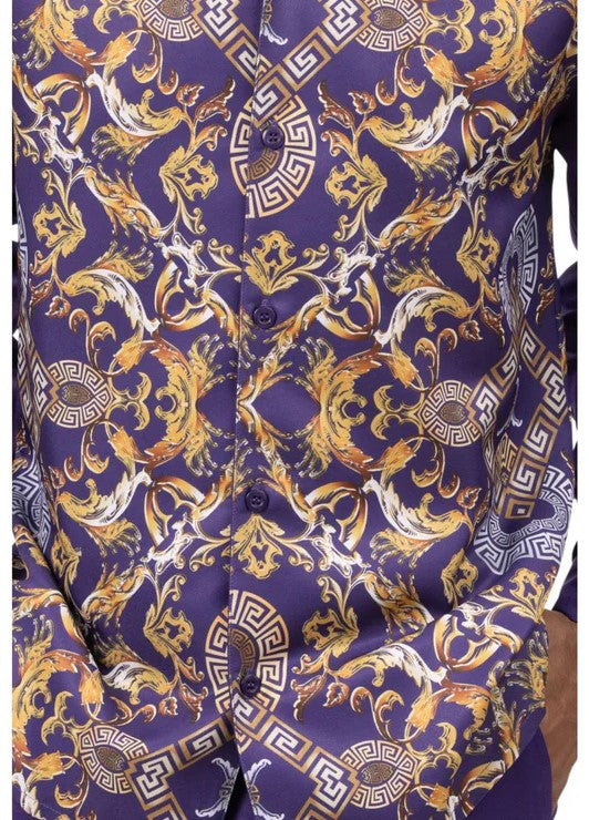 Montique Purple and Gold paisley patterned long sleeve dress shirt, part of a Walking Suit.