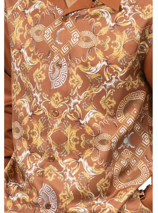 Close-up of the paisley sleeve on the Caramel and Gold Patterned Long Sleeve Walking Suit, showing the cuff buttons.