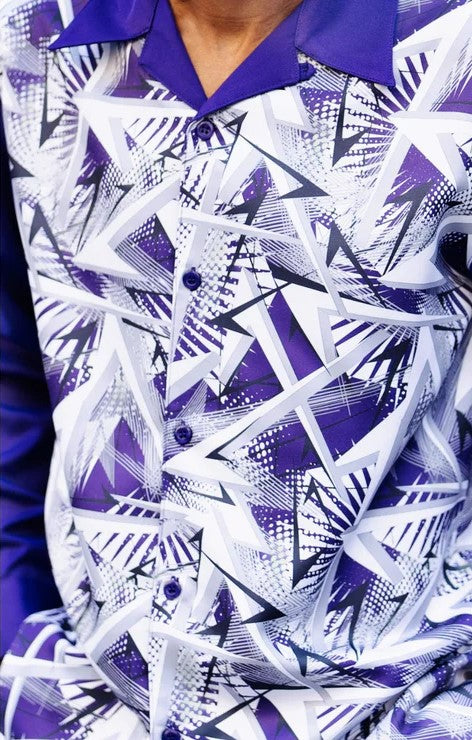 Purple Abstract Pattern Long Sleeve Walking Suit shirt, showing collar detail.