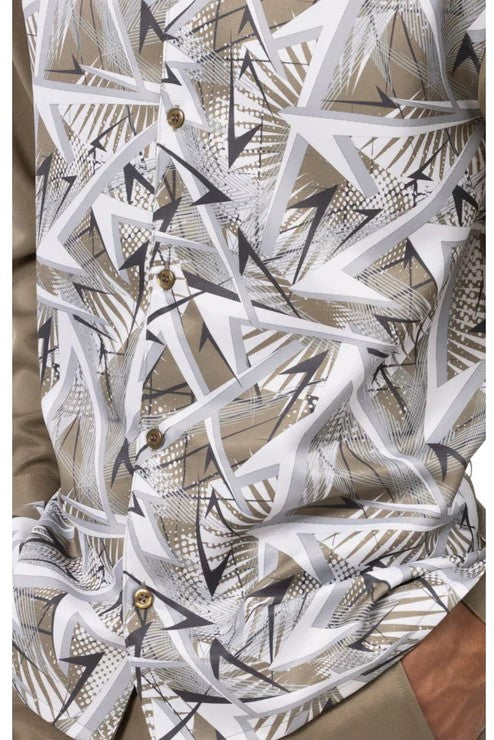 Olive Abstract Pattern Long Sleeve Walking Suit, showing the jacket with long sleeves and matching trousers.