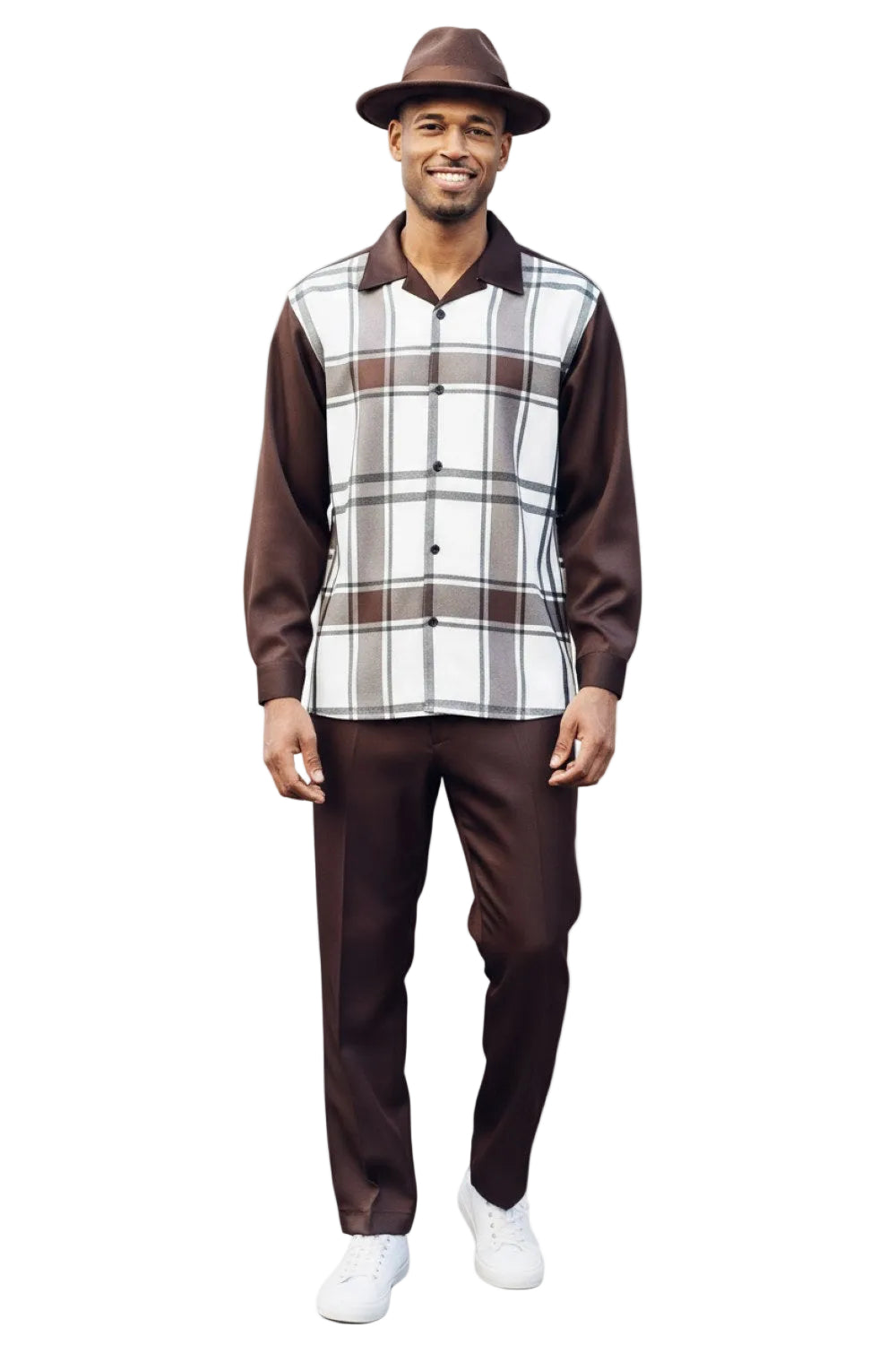 Men's Brown Plaid Pattern Long Sleeve Walking Suit