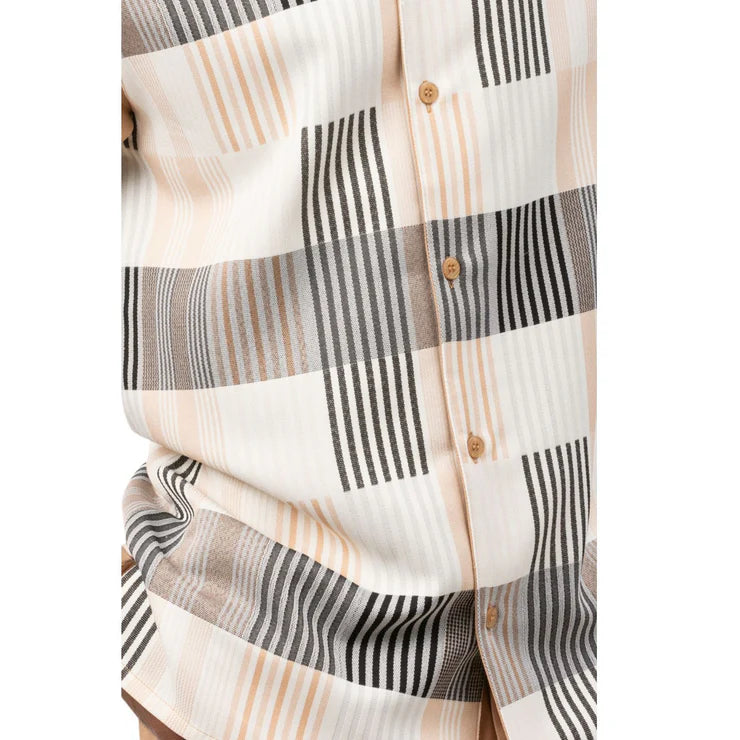 Checkered Camel Plaid Long Sleeve Walking Suit dress shirt by Montique, showing collar, buttons, sleeve, and pocket.