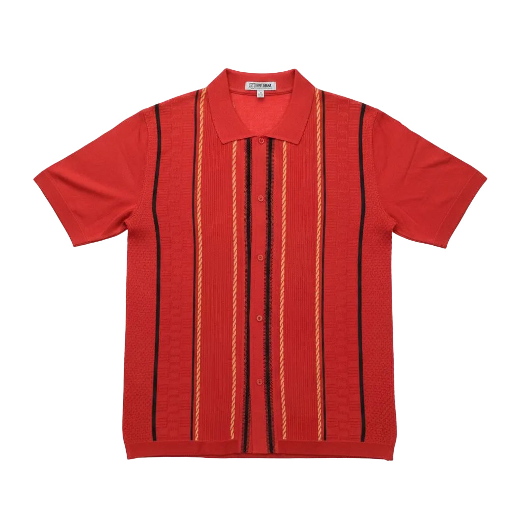 Red shirt with black and gold accents on a white background