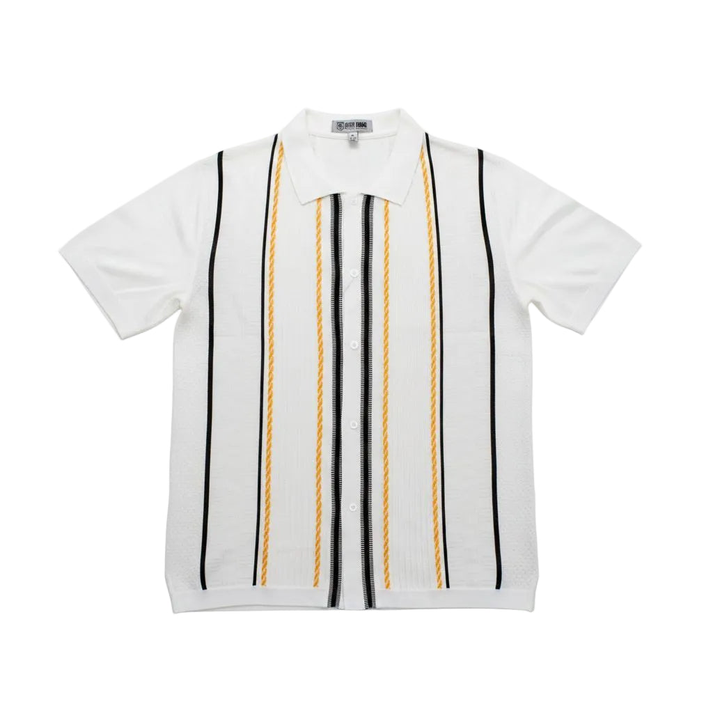 White shirt with black and yellow stripes on a white background