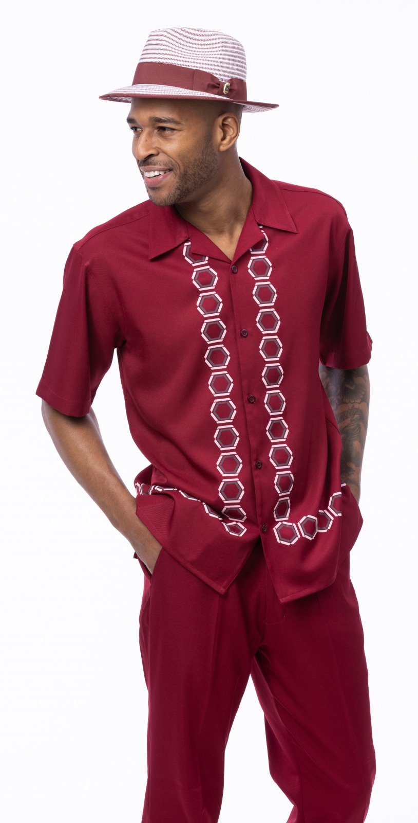 Men's 2 Piece Geometric Pattern Burgundy Walking Suit