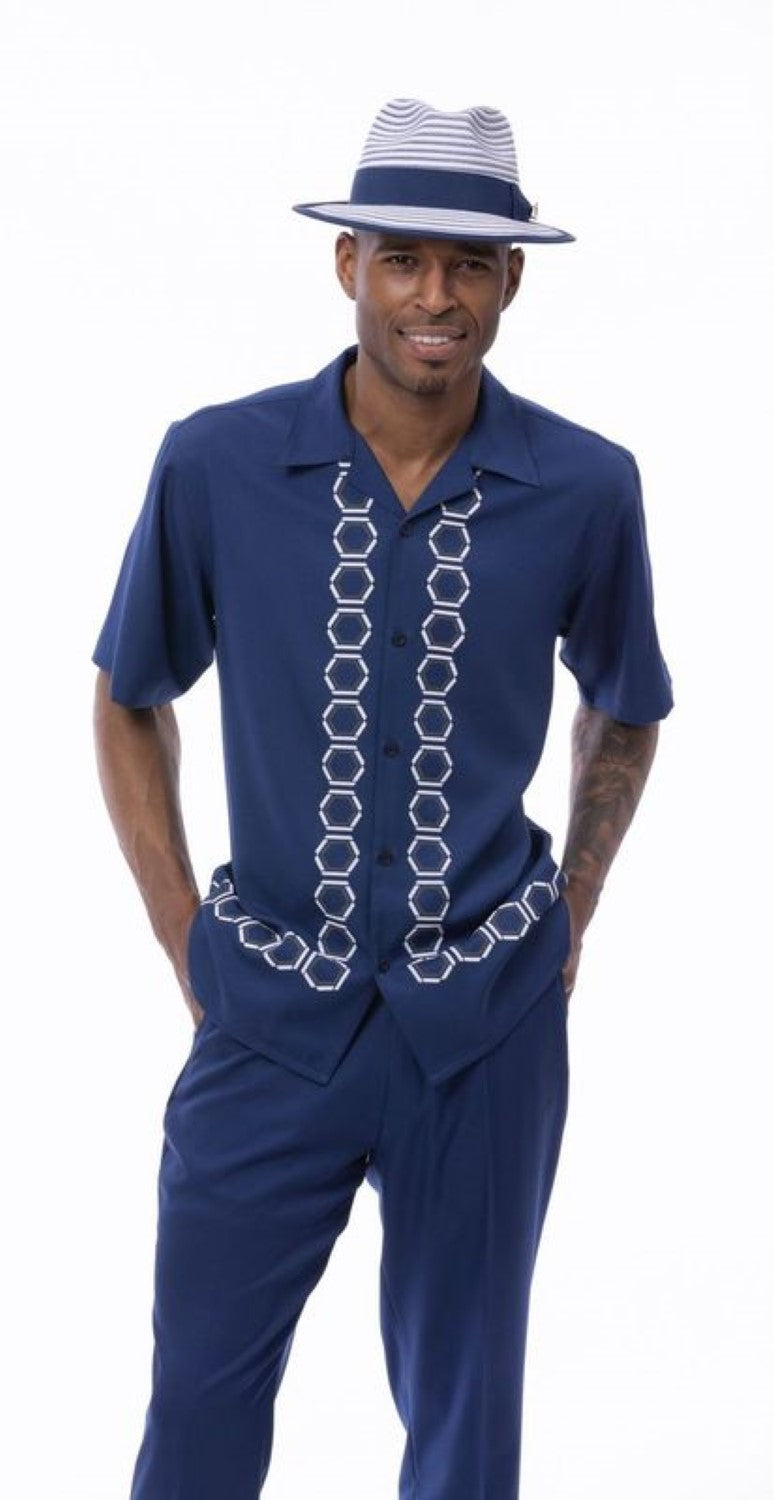 Men's 2 Piece Geometric Pattern Navy Walking Suit